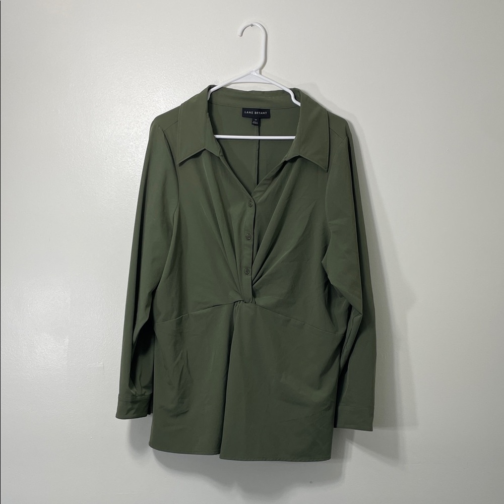 Lane Bryant Olive Green Twist Front Button-Down Long Sleeve Shirt Size 18
